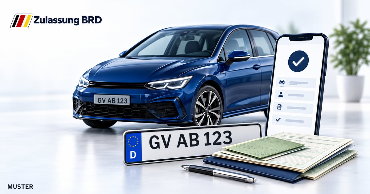 Online Fahrzeugzulassung in Kaarst: Musterkennzeichen GV AB 123, Auto und Fahrzeugpapiere und Smartphone. Illustration mit Logo von Zulassung BRD.